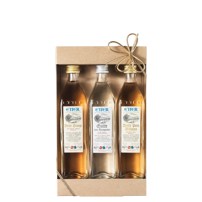 Geschenkpackung 3x10cl Etter Vieille Orange, Quitte, Vieille Poire Williams 30cl, 40.3% Vol.