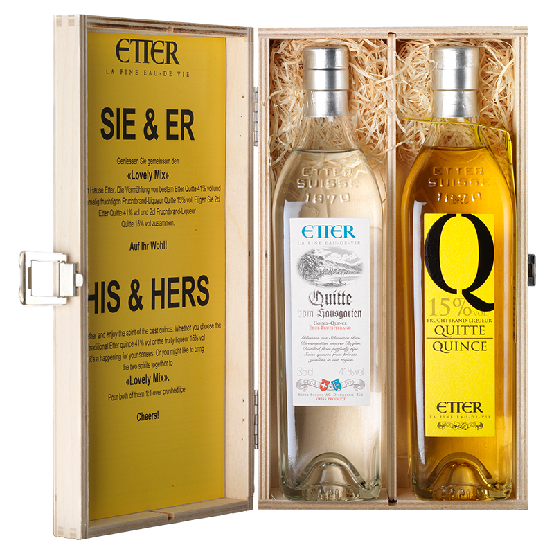 Geschenkholzkistli 2x35cl SIE & ER Etter Quitte 70cl, 28% Vol.