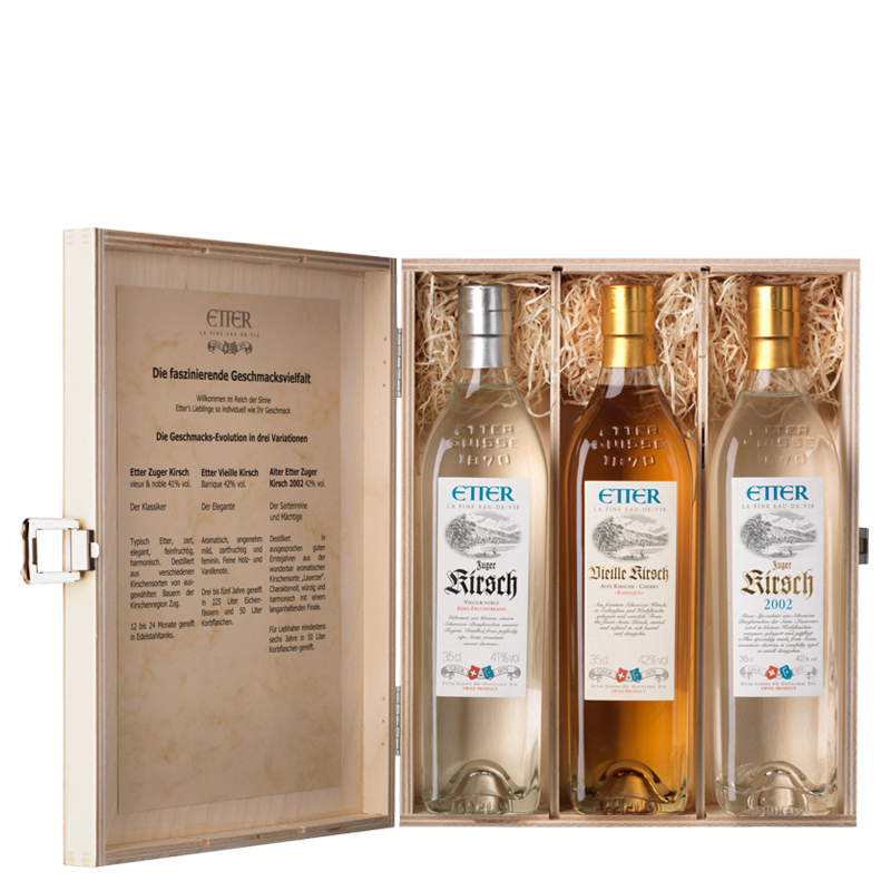 Geschenkholzkistli 3x35cl Kirsch-Variation-Dreierlei 105cl, 41.66% Vol.