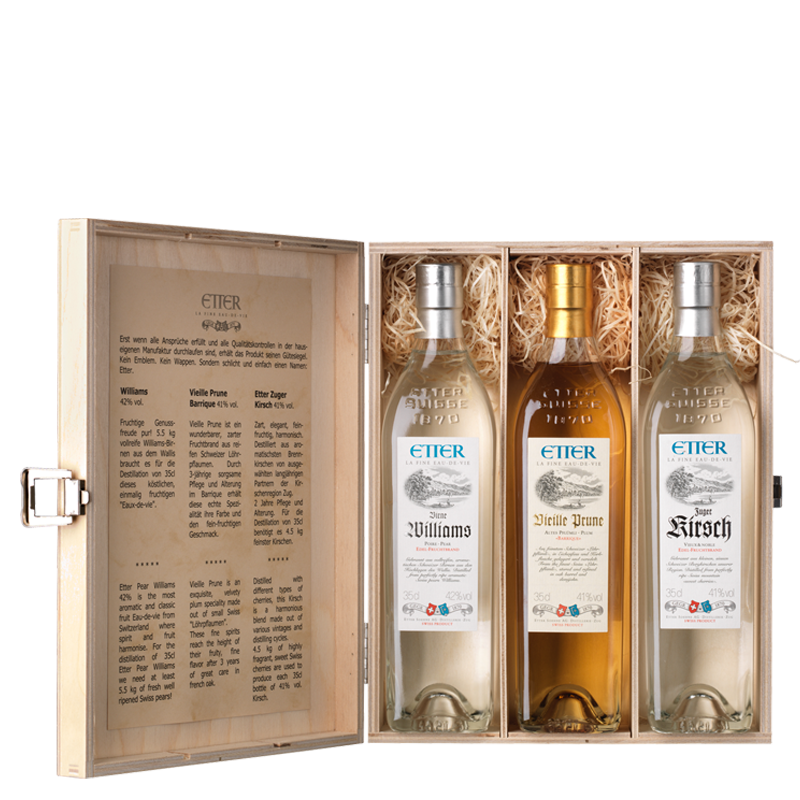 Geschenkholzkistli 3x35cl Kirsch, Williams, Vieille Prune 105cl, 41.33% Vol.