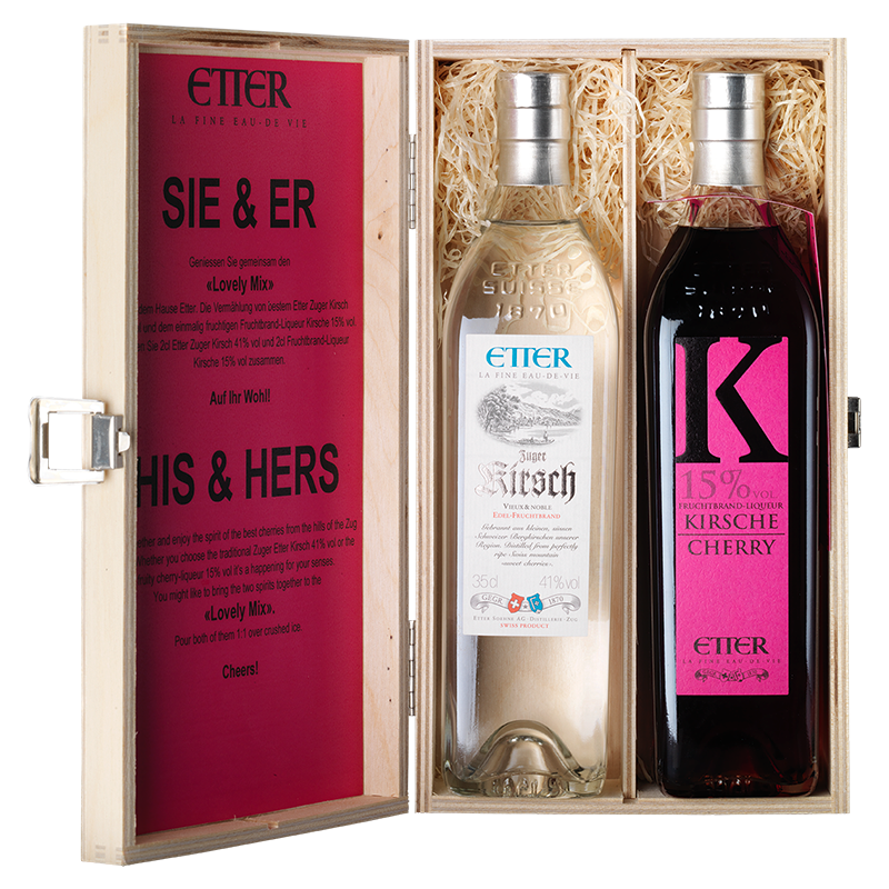 Geschenkholzkistli 2x35cl SIE & ER Etter Zuger Kirsch 70cl, 28% Vol.